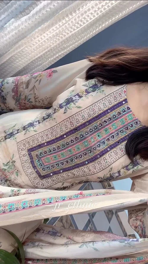 Luxury Pastel Cream Floral Printed Muslin Suit Set with Designer Dupatta